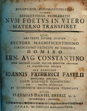 Diss. med. physiol. sistens resolutionem problematis, num foetus in utero materno transpiret