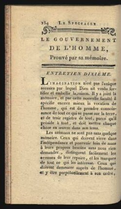 Entretien dixième. Le gouvernement de l'homme, prouvé par sa mémoire.