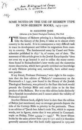 Some notes on the use of Hebrew type in Non-Hebrew books, 1475 - 1520 / by Alexander Marx