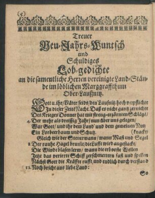 Treuer Neu-Jahrs-Wuntsch und Schuldiges Lob-gedichte an die samentliche Herren vereinigte Land-Stände im löblichen Marggraffthum Ober-Laußnitz.