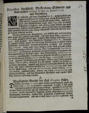 Extractus Hochfürstl. Mecklenburg-Schwerin- und Güstrauischen Rescripti de dato 24. Januarii 1728. nach Regensburg