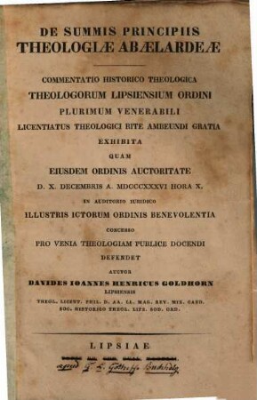De summis principiis theologiae Abaelardeae : commentatio historico theologica ... pro venia theologiam publice docendi