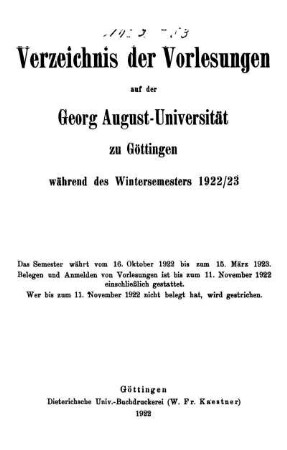 WS 1922/23: Verzeichnis der Vorlesungen