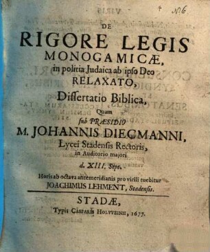 De rigore legis monogamicae ... : dissert. bibl. sub praesidio