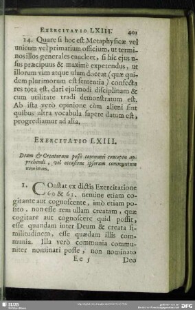 Exercitatio LXIII. Deum & Creaturam posse communi conceptu apprehendi, vel occasione ipsorum communium nominum