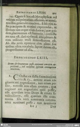 Exercitatio LXIII. Deum & Creaturam posse communi conceptu apprehendi, vel occasione ipsorum communium nominum