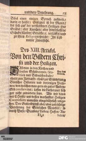 Der XIII. Artickel. Von den Bildern Christi und der Heiligen.