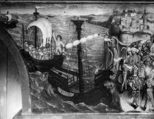 Predella mit "Der heilige Oswald, König von Northumbrien, landet in Wessex" : Flügelaltar mit Standflügel. Predella mit "Der heilige Oswald, König von Northumbrien, landet in Wessex". Detail mit Schiff. Holz, gefasst (1493). Amering (Steiermark), Filialkirche Sankt Katharina