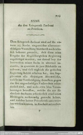 XXXII. An den Kriegsrath Zerboni zu Petrikau