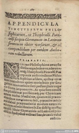 Appemdicula Tincturarum Philosophicarum, ex Theophrasti Parpcelsi...