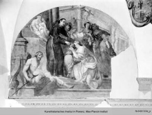 Eingangsinnenwand des Refektoriums : Rechte Ädikula mit Lavabo und Fresken : San Salvatore d'Harta heilt die Kranken