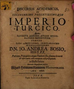 Discursus acad. de celeberrimo potentissimoque imperio Turcico