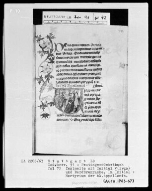 Gebetbuch des Konrad Peutinger — Initiale V (irgo martir), darin Martyrium der heiligen Apollonia, Folio 72recto