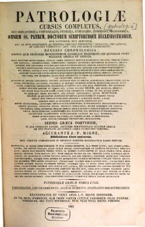 Tu en hagiois patros hēmōn Theophanus hēgumenu tu agru kai homologētu chronographia : = S.P.N. Theophanis abbatis Agri et confessoris chronographia