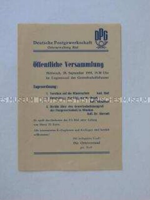 Einladung zu einer Versammlung der Ortsverwaltung Kiel der Deutschen Postgewerkschaft