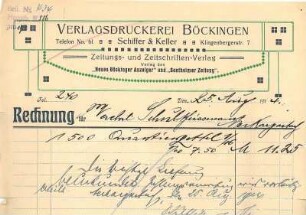 Rechnungsbogen der Verlagsdruckerei Böckingen Schiffer & Keller mit typograhischer Gestaltung