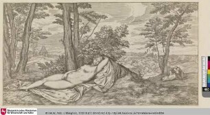 Landschaft mit schlafender Frau im Vordergrund, zwei Männer in der Nähe sitzend