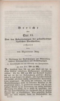 Bericht über Titel XX. Von den Uebertretungen der gesundheitspolizeilichen Vorschriften