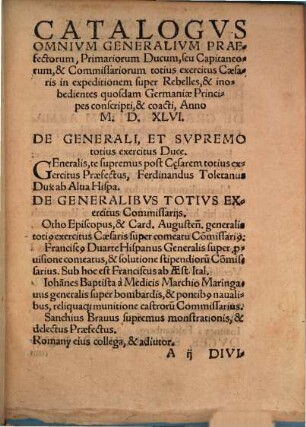 Catalogus omnium primorum, et Ducum totius exercitus Caesaris ...