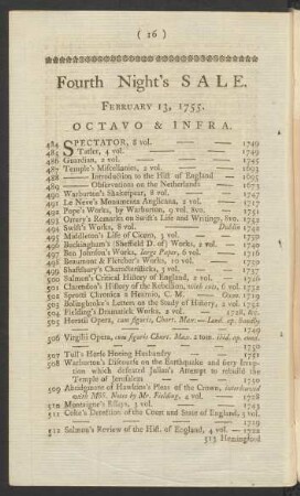 Fourth Night's Sale. February 13, 1755.