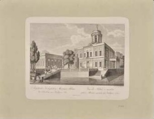 Das Marmorpalais von Nordosten mit Friedrich Wilhelm II. beim Besteigen einer Gondel