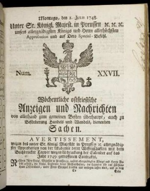 Num. XXVII. Montags, den 1. Julii 1748.