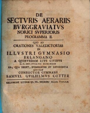 De secturis aerariis burggraviatus Norici superioris Programma II.