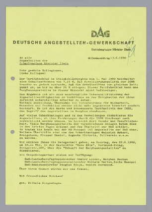 "An alle Angestellten der Schachtanlage Minister Stein"