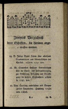 Zweytes Verzeichniß derer Schriften, die hierinne angetroffen werden.