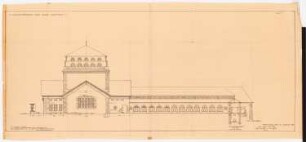 Hauptfriedhof, Dortmund: Ostansicht Hauptflügel und Leichenhalle, Schnitt 1:100