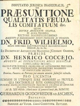 Disputatio Juridica Inauguralis, De Præsumtione Qualitatis Feudalis Comitatuum [et]c