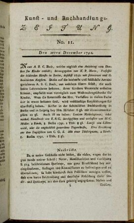 Kunst- und Buchhandlungs-Zeitung. No. 11. Den 20ten December 1790.