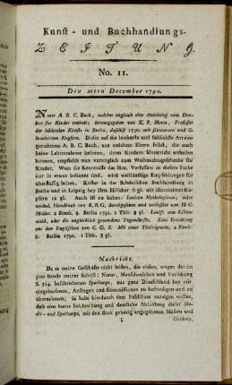 Kunst- und Buchhandlungs-Zeitung. No. 11. Den 20ten December 1790.