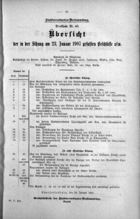 Übersicht der in der Sitzung gefaßten Beschlüsse u.s.w. (49.), 23. Januar 1907