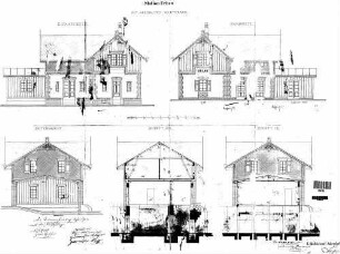 Urlau: Empfangsgebäude Verwaltungsgebäude Längs- Giebelansichten,Querschnitte