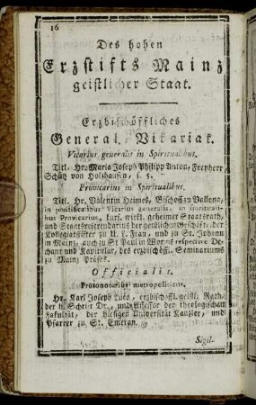 Erzbischöffliches General-Vikariat. - Insignis Collegiata zu St. Peter in Fritzlar.