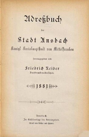Adressbuch der Stadt Ansbach. 1881