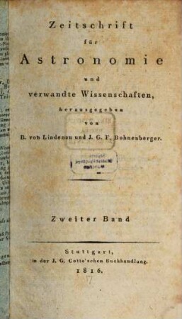 Zeitschrift für Astronomie und verwandte Wissenschaften. 2, 2. 1816