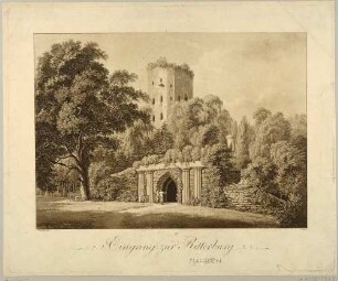 Die Ritterburg (Ruine) im Landschaftsgarten in Machern östlich von Leipzig, aus Klinskys Ansichten des Gartens zu Machern von 1799