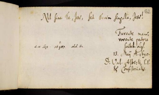 62r, Alberti, Valentin. Leipzig, 13.5.1690. Anmerkung: gest. 15[sic].9.1697.