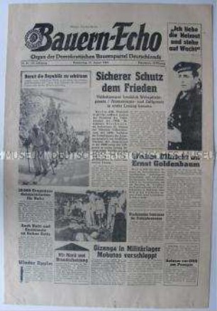 Tageszeitung der Demokratischen Bauernpartei "Bauern-Echo" u.a. zur Annahme des Wehrpflichtgesesetzes der DDR