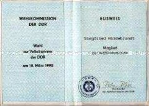Ausweis der Wahlkommission zur Volkskammerwahl in der DDR am 18. März 1990