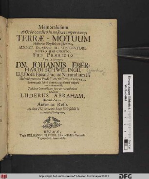 Memorabilium ab Orbe condito in nostra tempora usq[ue] Terrae-Motuum Historias Physice explicatas