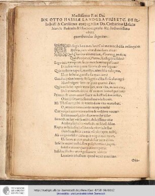 Mœstissimus P. ac Dn. Dn. Otto Hassiæ Landgravius etc. De Illustriss. & Carissimæ conjugisfuæ Dn. Catharinæ Ursulæ March: Badensis & Hochbergensis &c. luctuosissimo obitu queribundus loquitur.
