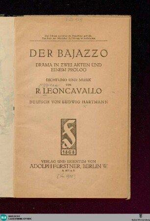 Der Bajazzo : Drama in zwei Akten und einem Prolog