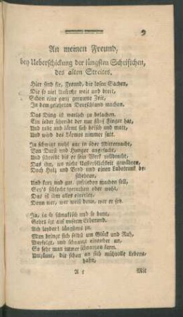 An meinen Freund, bey Ueberschickung der iüngsten [!] Schriftchen, des alten Streites