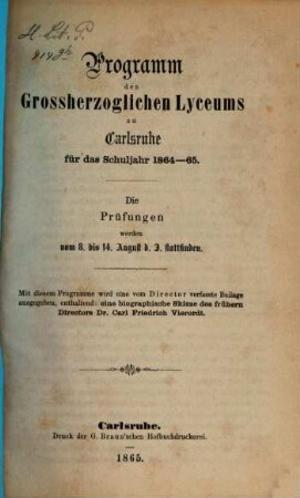 Programm des Grossherzoglichen Lyceums zu Karlsruhe : für das Schuljahr ..., 1864/65