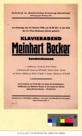 Originaltitel: Klavierabend Meinhart Becker, Sondershausen L. v. Beethoven, A. Gretchaninoff, Herbert Schulz, Joh. Brahms, Fr. Chopin