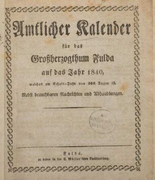 1840: Amtlicher Kalender für das Großherzogthum Fulda