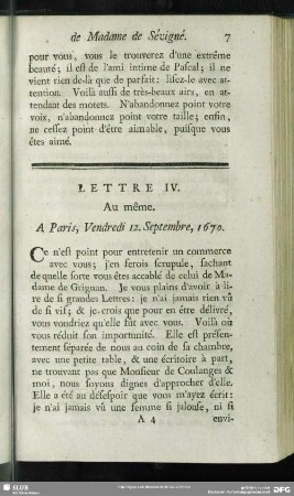 Lettre IV. Au même. A Paris, Vendredi 12. Septembre, 1670